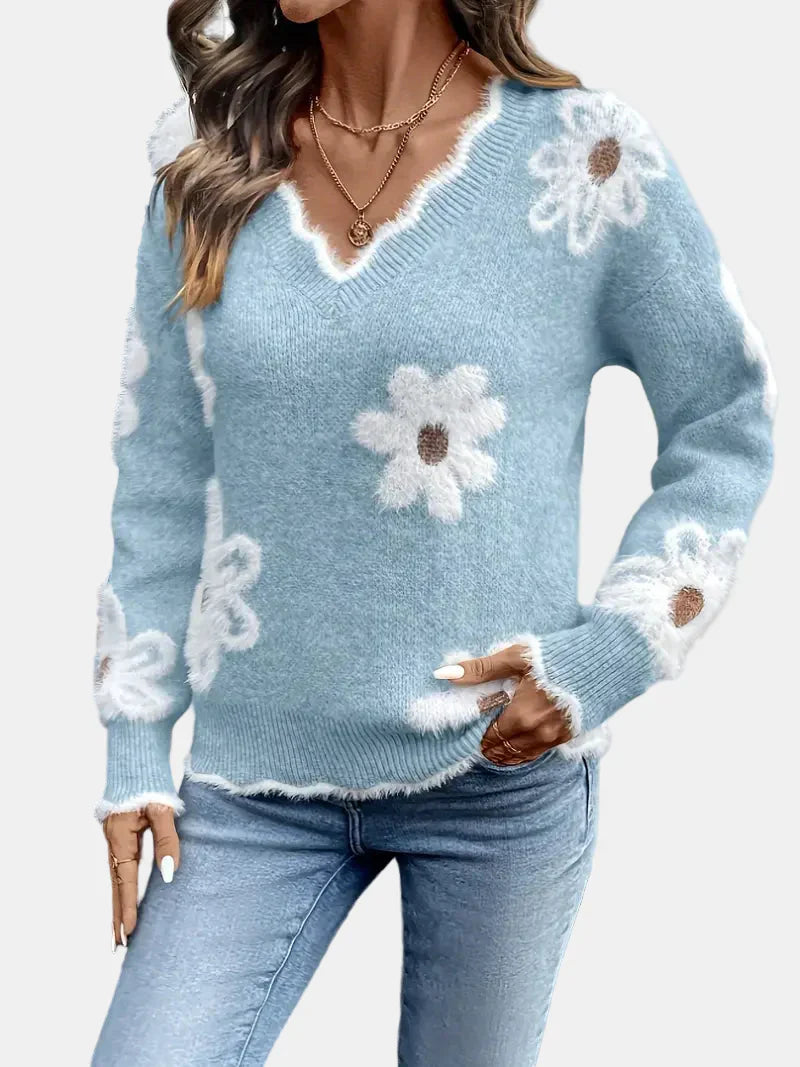 Charlotte V-Neck Floral Sweater – Elegant & Timeless