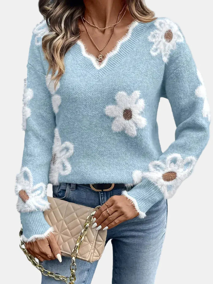Charlotte V-Neck Floral Sweater – Elegant & Timeless