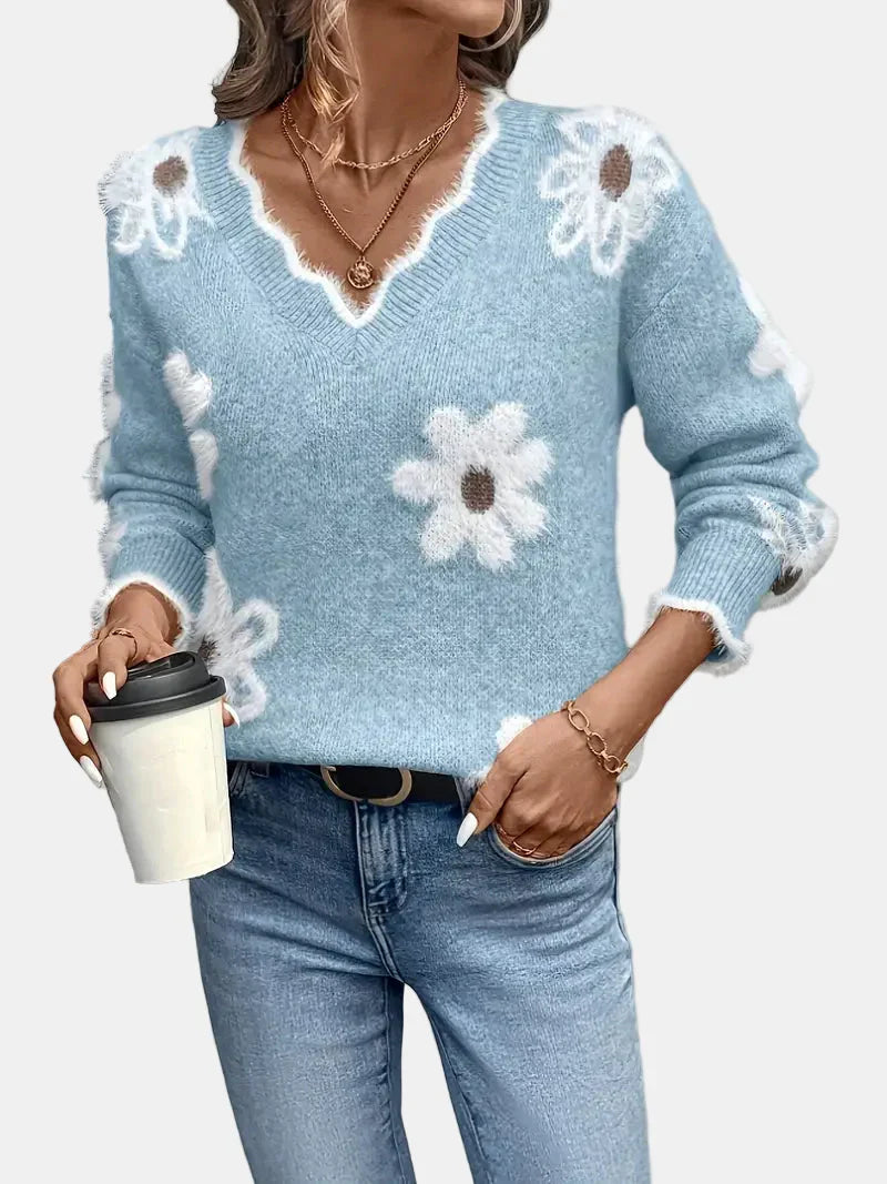 Charlotte V-Neck Floral Sweater – Elegant & Timeless