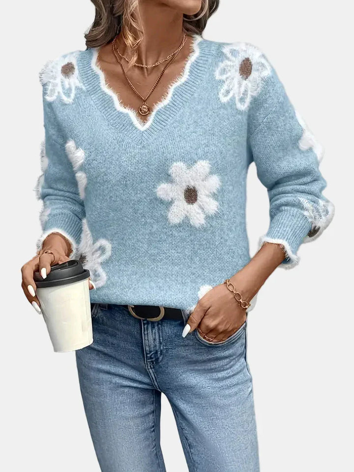 Charlotte V-Neck Floral Sweater – Elegant & Timeless