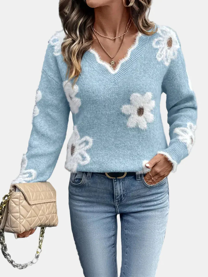 Charlotte V-Neck Floral Sweater – Elegant & Timeless