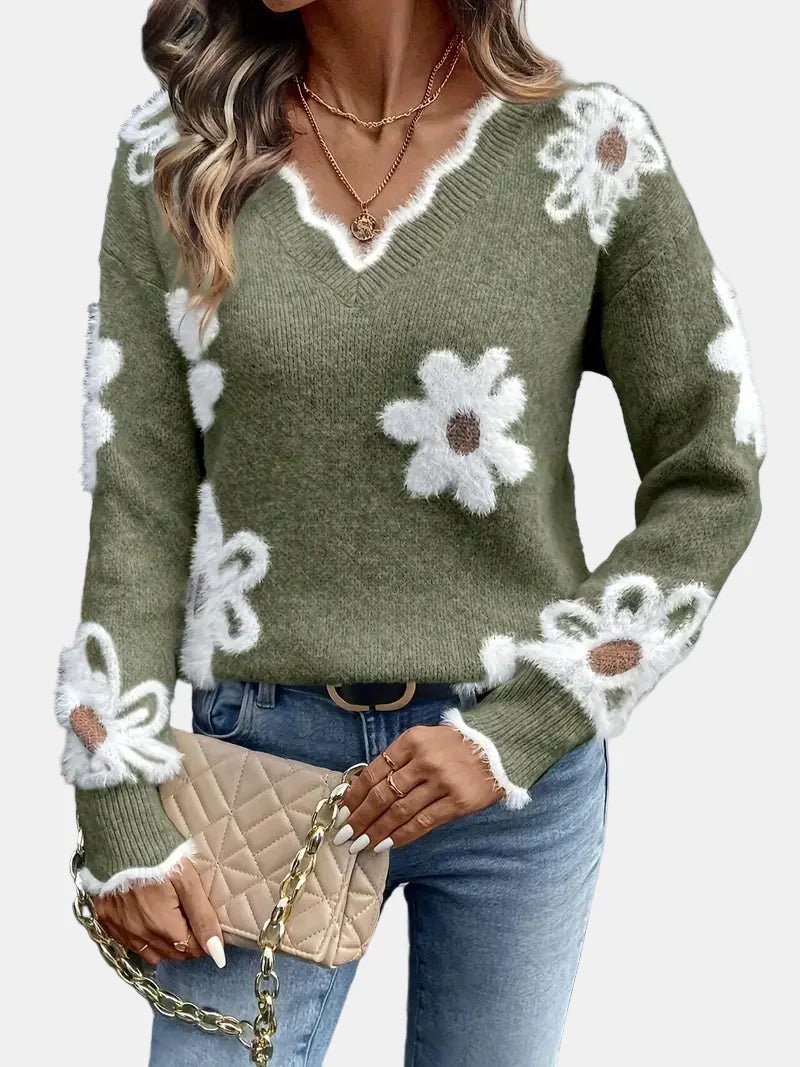 Charlotte V-Neck Floral Sweater – Elegant & Timeless