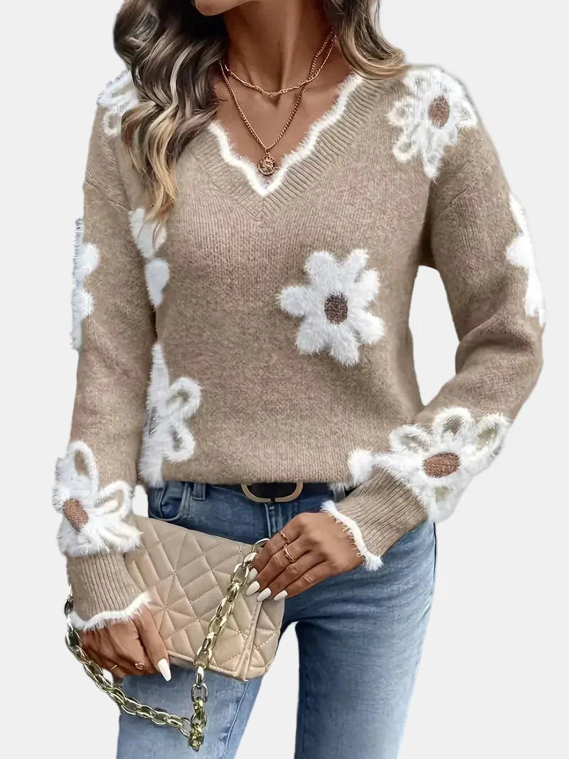 Charlotte V-Neck Floral Sweater – Elegant & Timeless