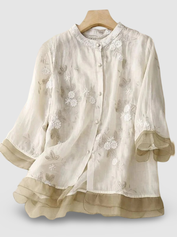 Retro Charm: Patchtique™ Embroidered ¾ Sleeve Shirt
