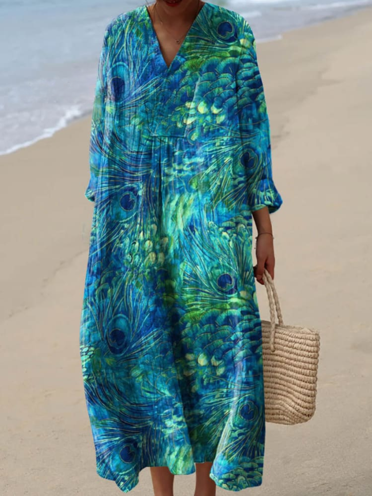 Women's Peacock Feather Art Dress – Stylish & Elegant