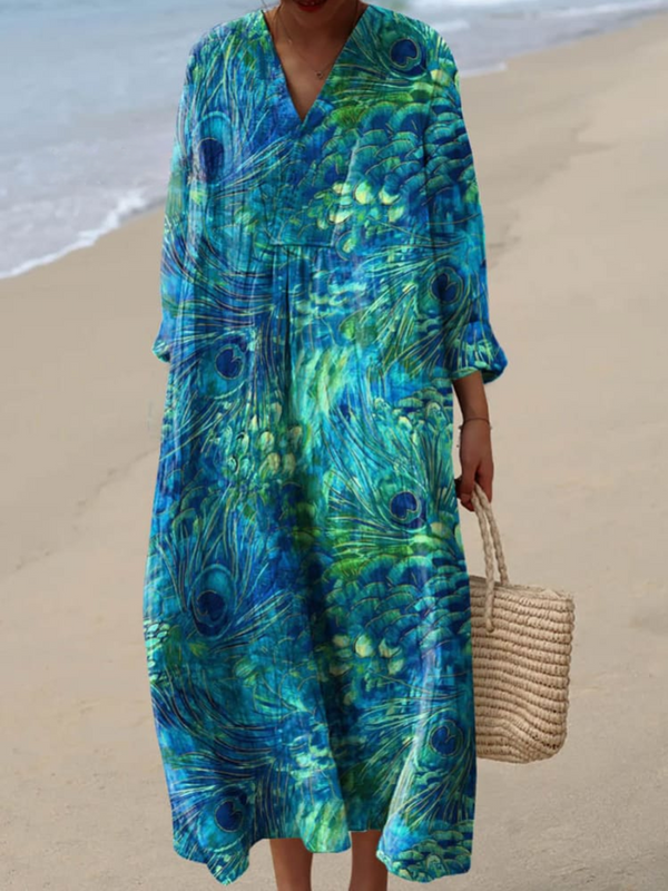 Women's Peacock Feather Art Dress – Stylish & Elegant