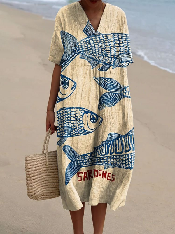 Vintage Sardines Art Print Dress – Women's Flowy Style