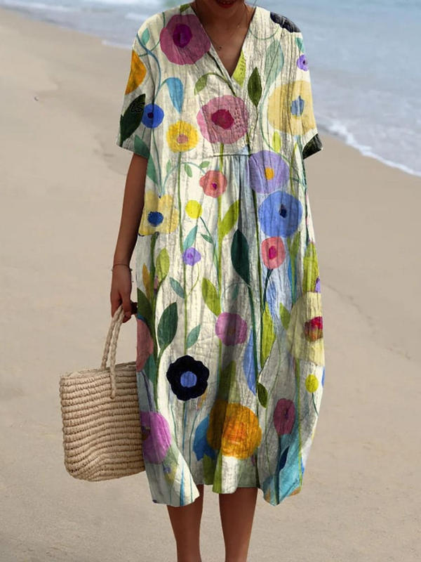 Flowy Women's Dress with Spring Field Oil Painting Print – Elegant & Artistic