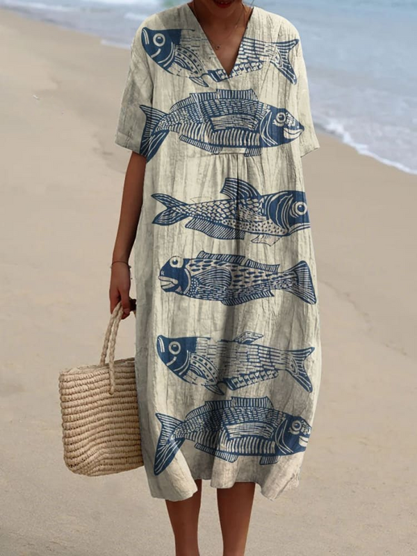Fish Art Print Vintage Flowy Dress for Women – Elegant & Charming