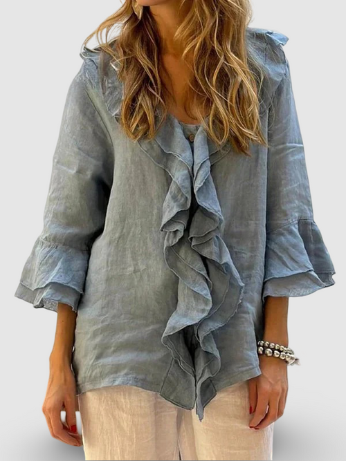 Ruffelia™ – Stylish Cotton Ruffle Shirt with ¾ Sleeves