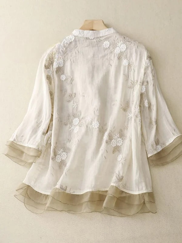 Retro Charm: Patchtique™ Embroidered ¾ Sleeve Shirt