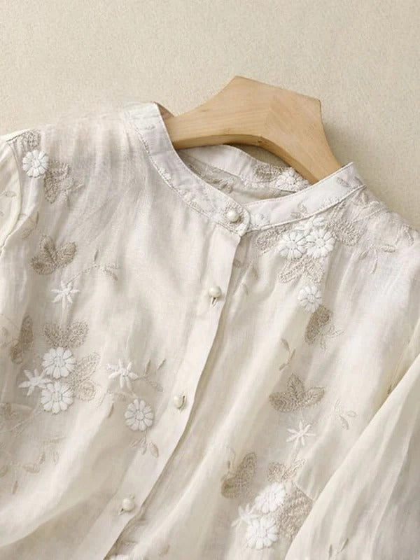 Retro Charm: Patchtique™ Embroidered ¾ Sleeve Shirt