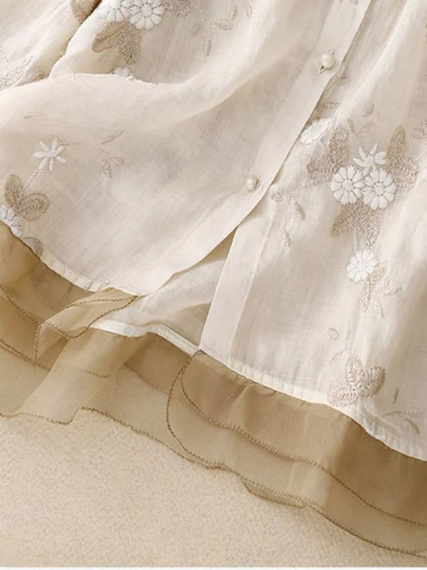 Retro Charm: Patchtique™ Embroidered ¾ Sleeve Shirt