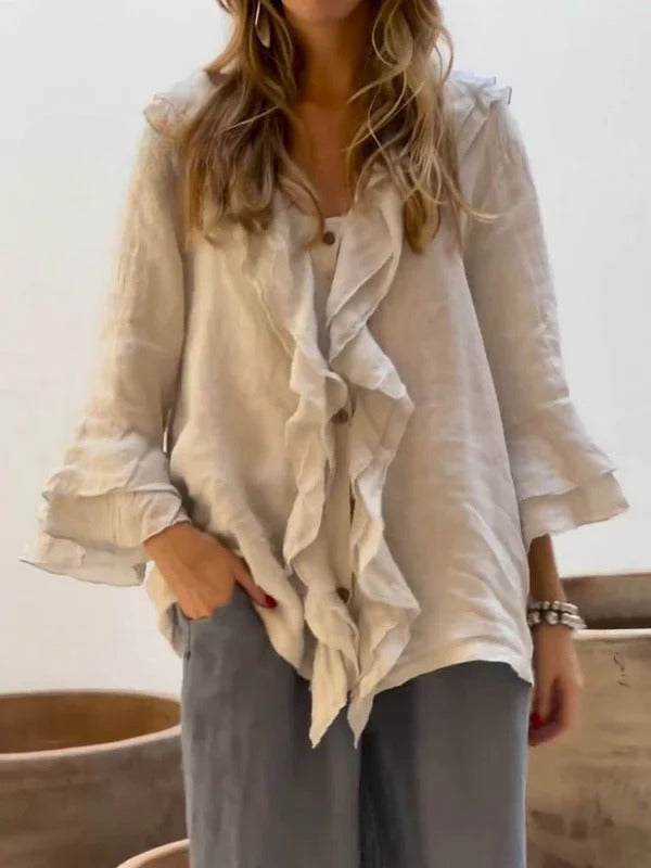 Ruffelia™ – Stylish Cotton Ruffle Shirt with ¾ Sleeves