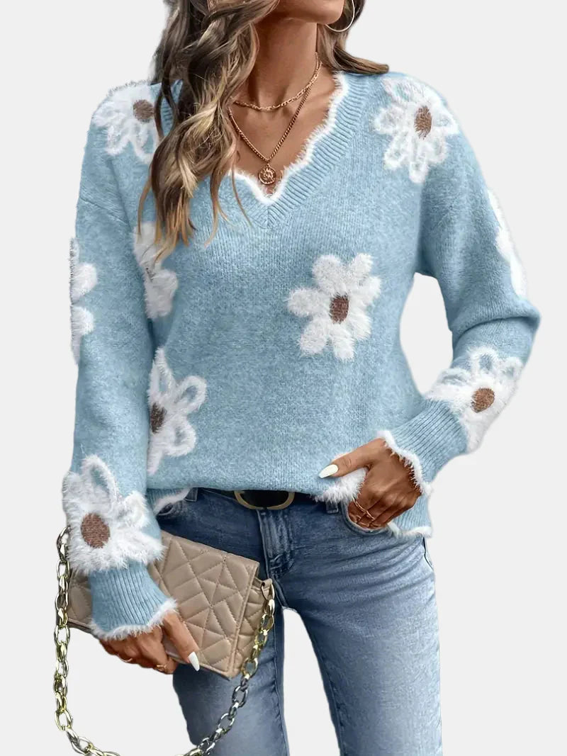 Charlotte V-Neck Floral Sweater – Elegant & Timeless