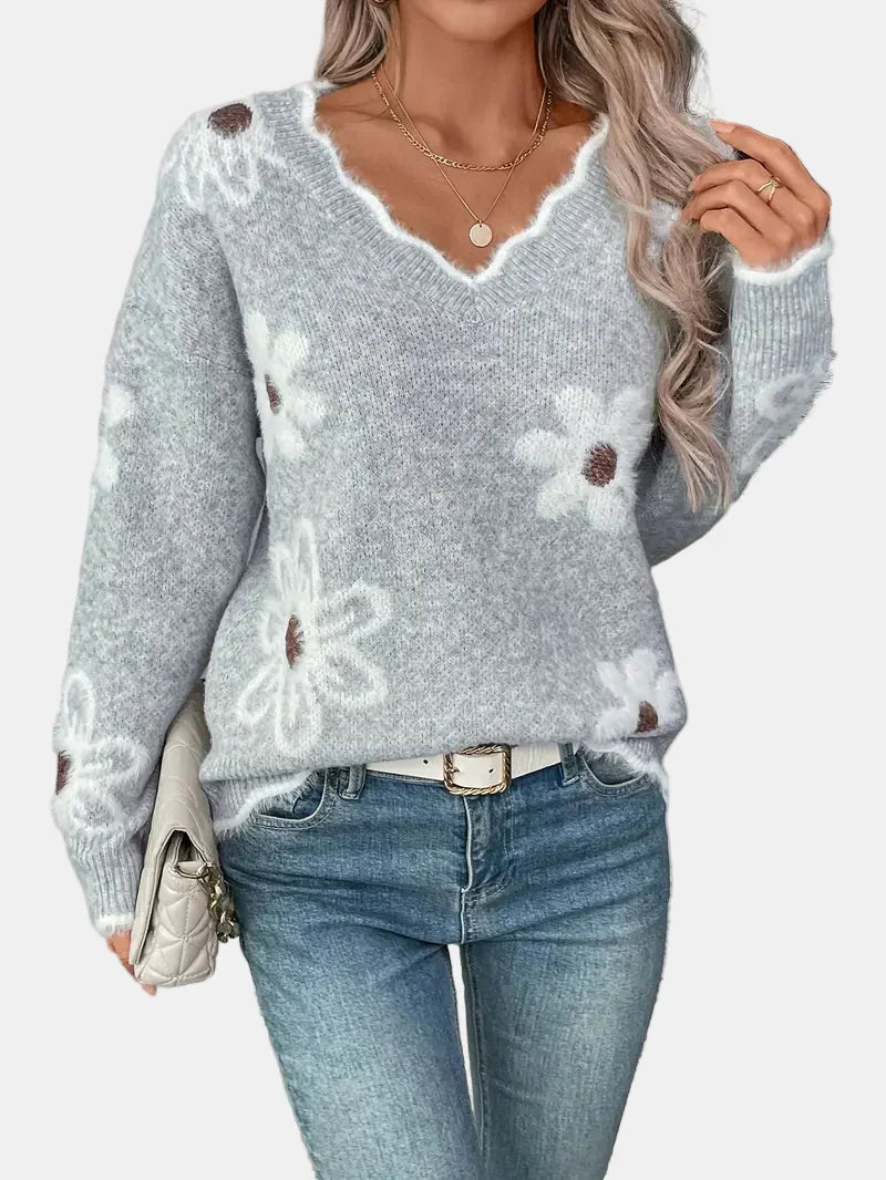 Charlotte V-Neck Floral Sweater – Elegant & Timeless