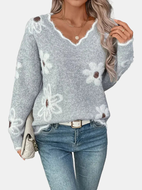 Charlotte V-Neck Floral Sweater – Elegant & Timeless