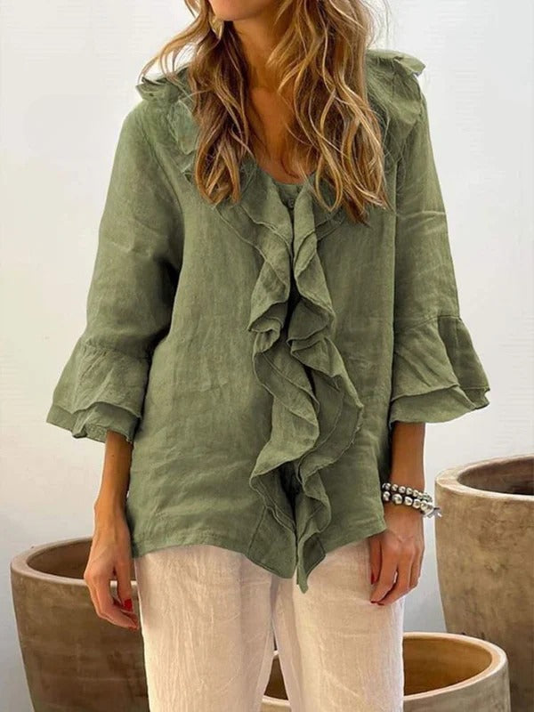 Ruffelia™ – Stylish Cotton Ruffle Shirt with ¾ Sleeves