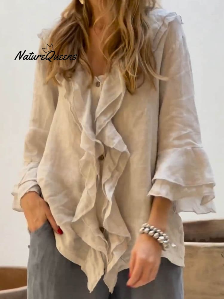 Ruffelia™ – Stylish Cotton Ruffle Shirt with ¾ Sleeves