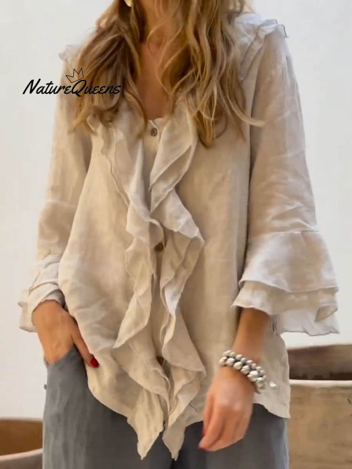Ruffelia™ – Stylish Cotton Ruffle Shirt with ¾ Sleeves
