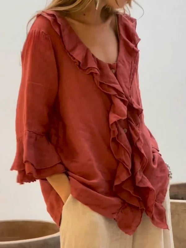 Ruffelia™ – Stylish Cotton Ruffle Shirt with ¾ Sleeves
