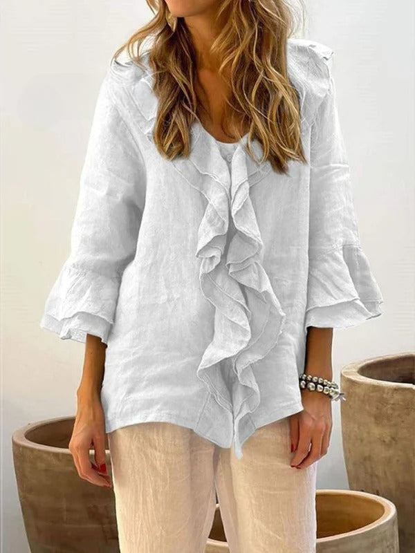 Ruffelia™ – Stylish Cotton Ruffle Shirt with ¾ Sleeves