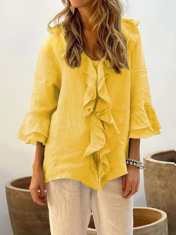 Ruffelia™ – Stylish Cotton Ruffle Shirt with ¾ Sleeves